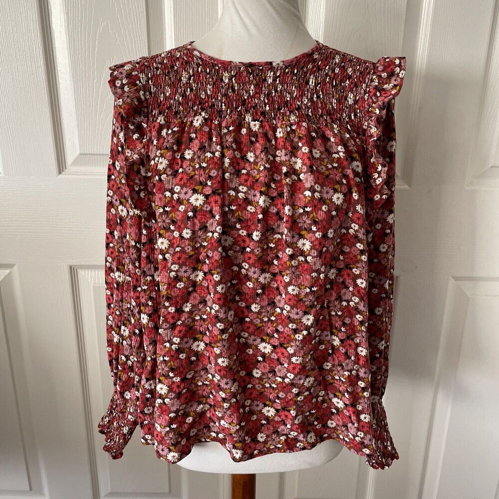 Knox Rose Womens Top Medium Cottage Core Boho Floral‎ Ruffle Hippie Shirred Pink